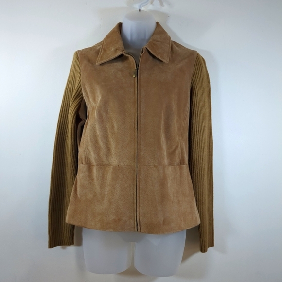 A.M.I. leather jacket with knit sleeves brown jacket, size PM - Picture 1 of 10